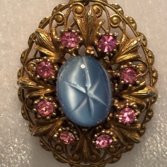 Vintage Star Glass Pendant Necklace Blue Cabochon Pink Rhinestones - Picture 5 of 7